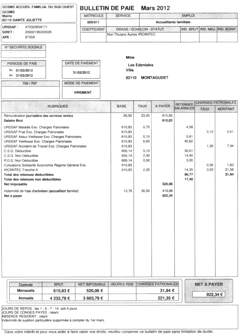 exemple bulletin de salaire msa